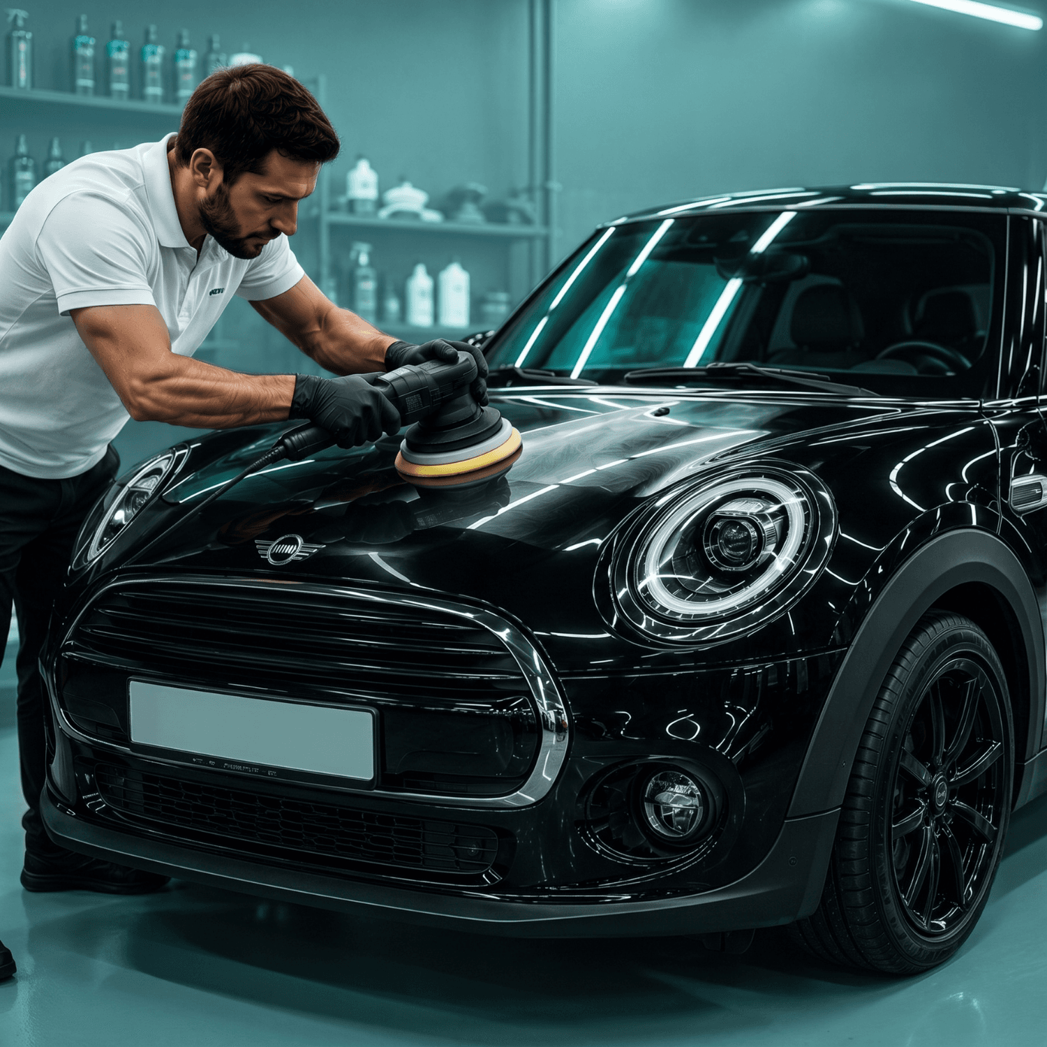 Un detailer polissant à la machine le capot d’une Mini noire en studio
