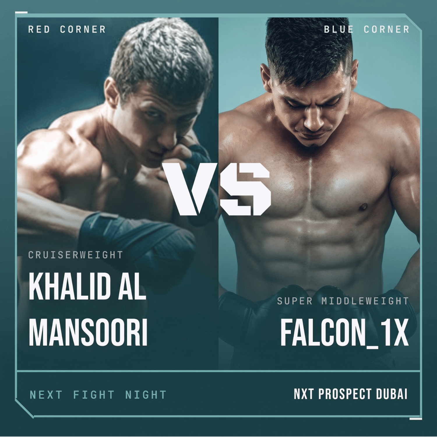 Une affiche NXT Fight opposant un boxeur du coin rouge à un boxeur du coin bleu pour une soirée NXT Prospect Dubai